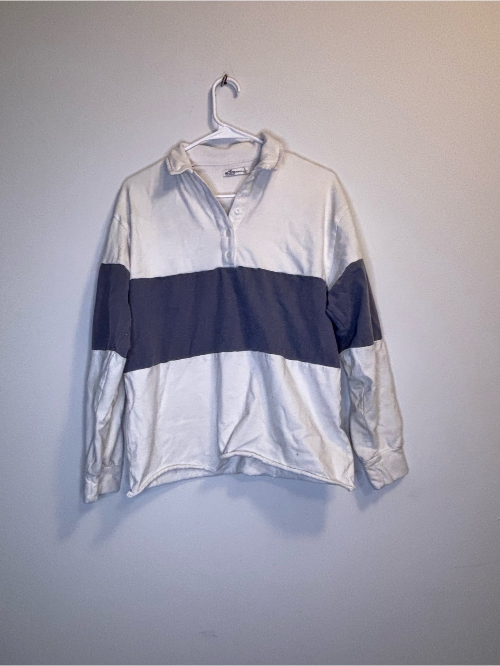 Hollister White Long-Sleeve Rugby Polo with Gray Chest Stripe